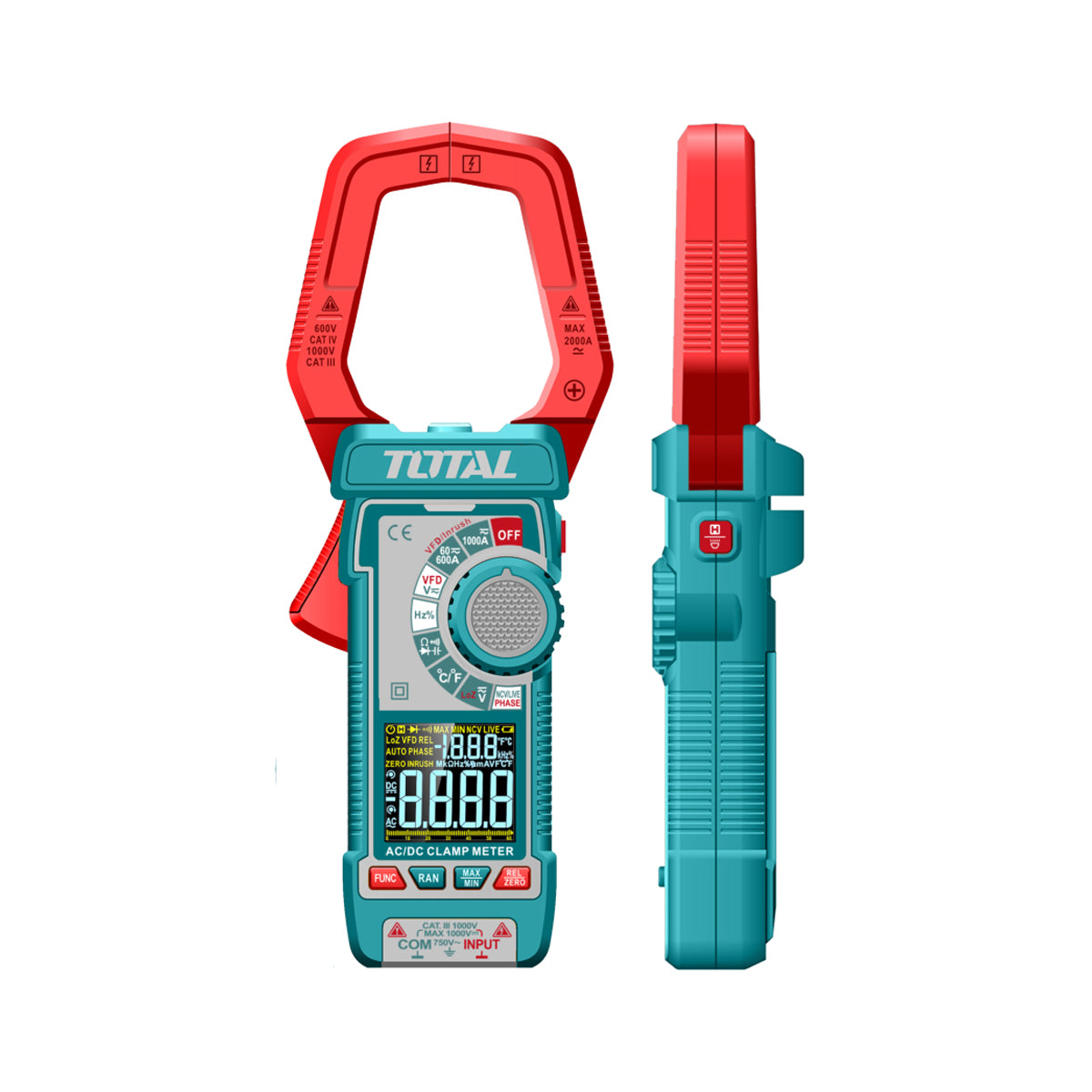 Ampe kìm đo dòng DC/AC kỹ thuật số Total TMT7610002 True RMS, dải đo 60A - 1000A, đo nhiệt độ từ -40°C - 1000°C, màn hình hiển thị màu VA
