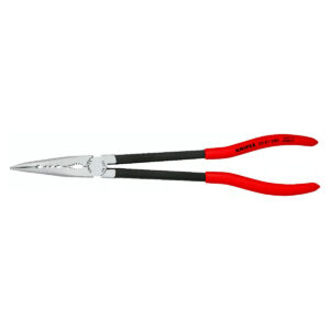 Kìm nhọn thân dài, mũi cong có các rãnh kẹp vật liệu chuyên dùng trong không gian hẹp KNIPEX 28 81 280 chiều dài 280mm, mạ đen nhám tay cầm bọc nhựa kháng dầu mở