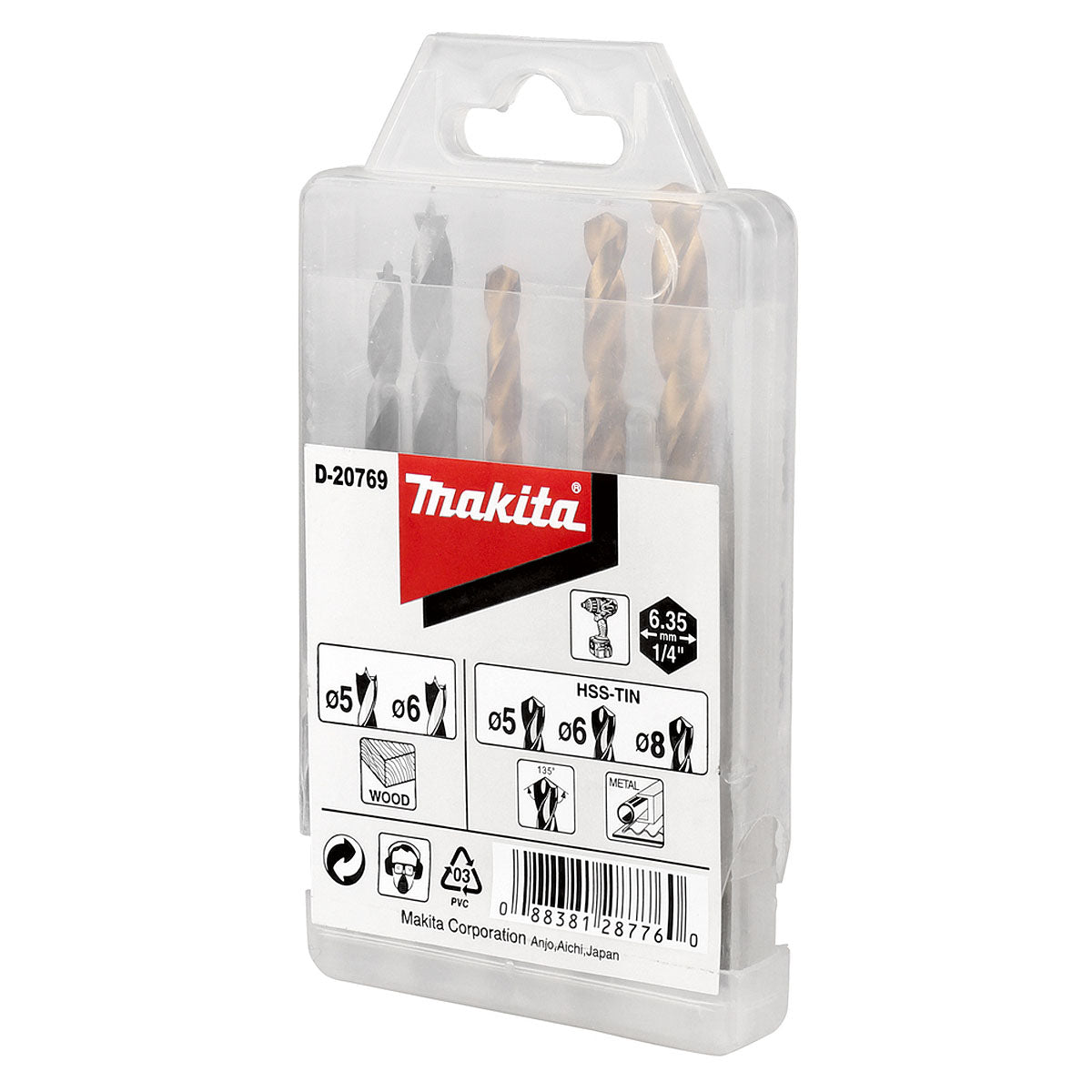 Bộ mũi khoan kim loại, gỗ HSS-TiN 5 chi tiết Makita D-20769 kích thước từ 5mm - 8mm, đuôi lục giác 6.35mm ( 1/4 inch )