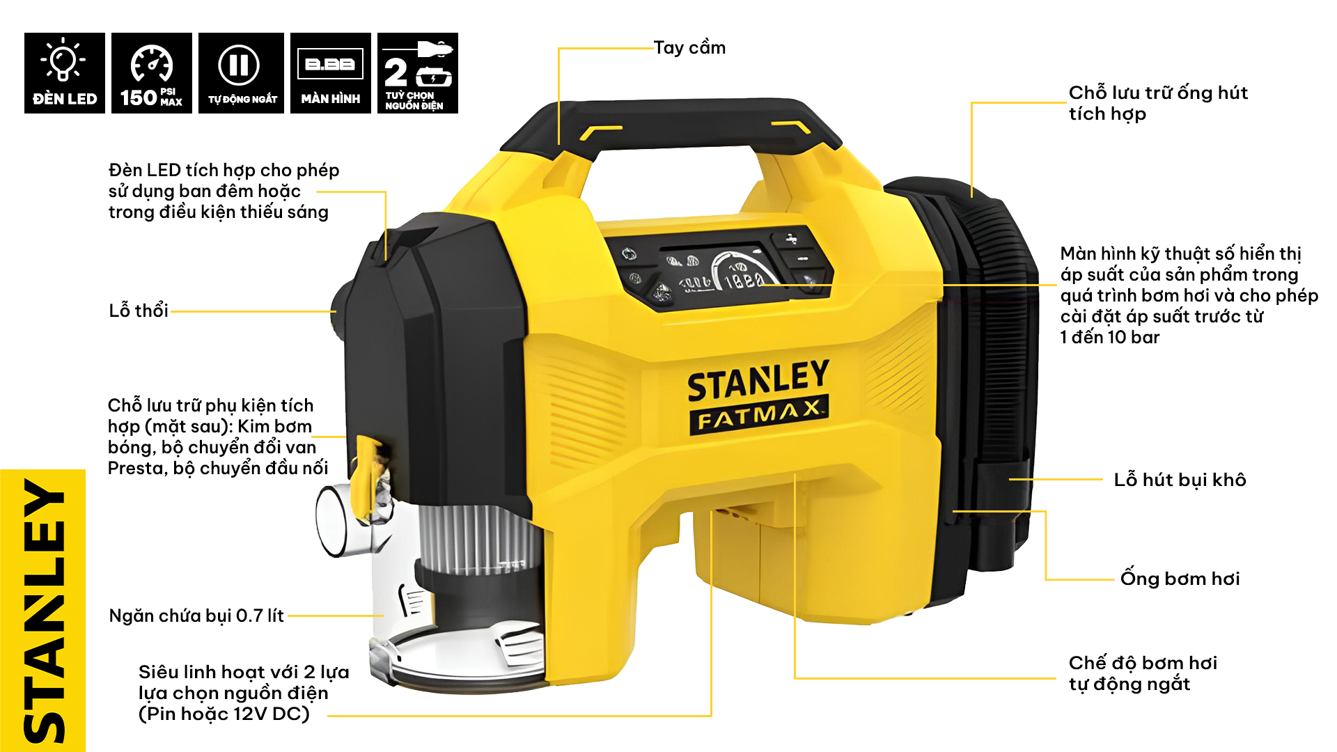 Máy bơm hơi đa năng dùng pin kèm tính năng thổi và hút bụi hiệu STANLEY Model SXVI02001, 3 trong 1 - Ảnh 2